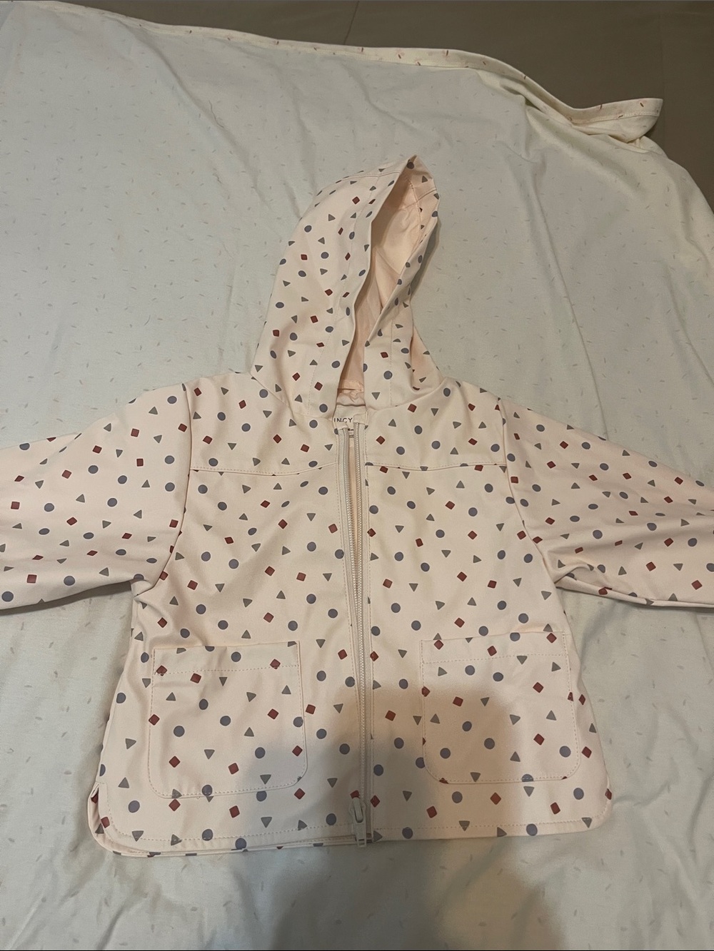 Quincy Mae Cream Hooded Jacket with Pink and Gray Shapes